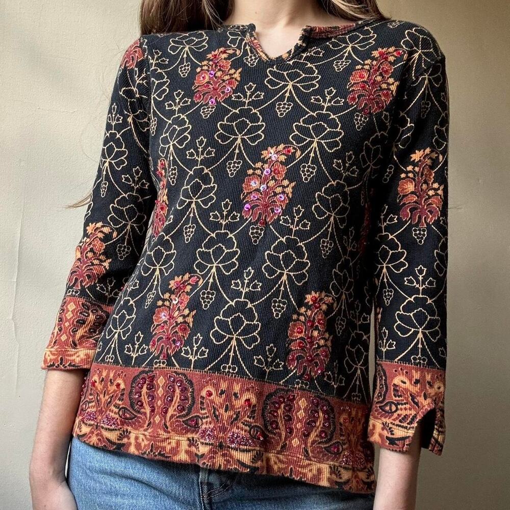 Vintage White Stag Sequined 3/4 Sleeve T-Shirt Medium Cotton